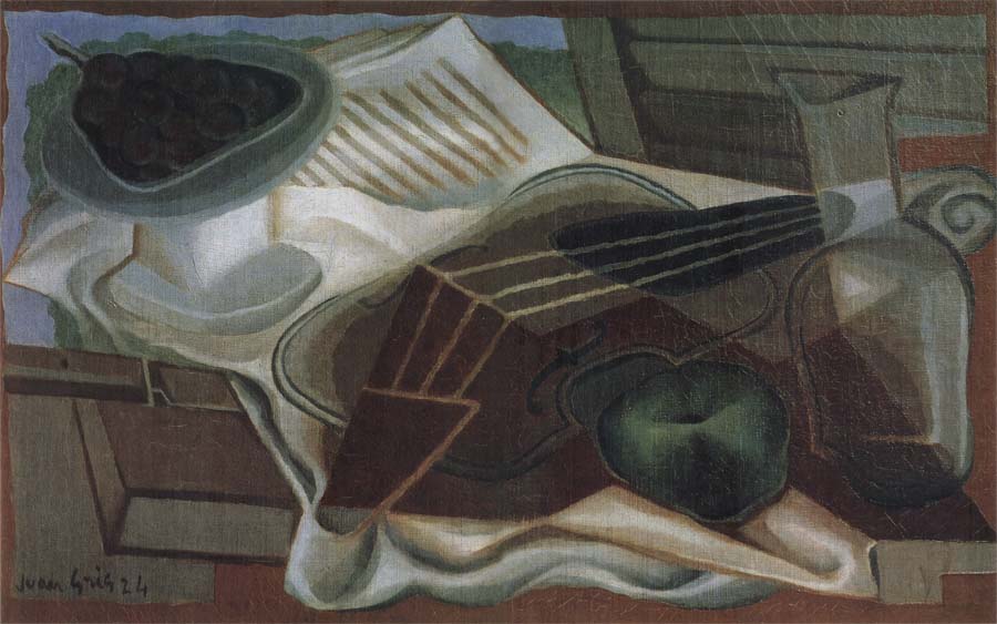 Guitar and fruit dish